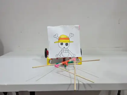 A cart flying a paper skull flag