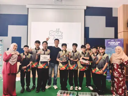 On stage with students and teachers in Brunei